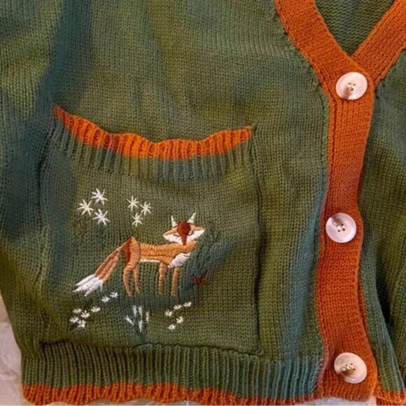 Button Up Fox Nature Army Green Cardigan With Pockets - Picture 6 of 6